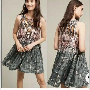 Anthropologie Preeti S Kapoor Pleated Allover Print Sleeveless Swing Dress Large